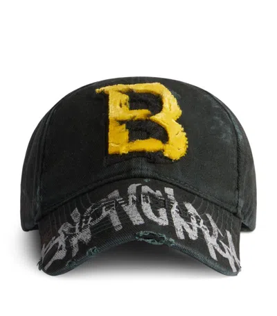 Balenciaga Distressed Logo Baseball Cap In Black