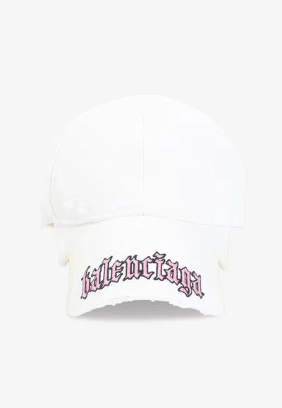 Balenciaga Distressed Logo-embrodiered Baseball Cap In White