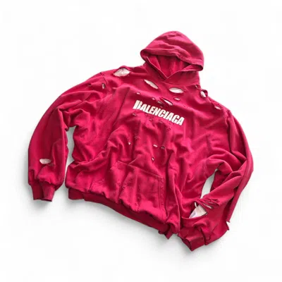 Pre-owned Balenciaga Distressed Logo Hoodie In Red