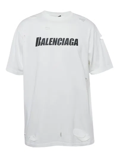 Pre-owned Balenciaga Distressed Logo-print T-shirt In White