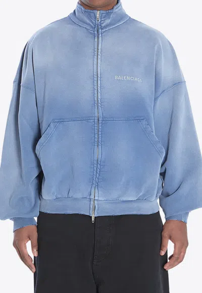 Balenciaga Distressed Logo Zip-up Sweatshirt In Blue