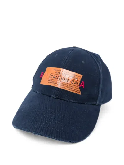 Balenciaga Distressed Logo-patch Baseball Cap In Blue