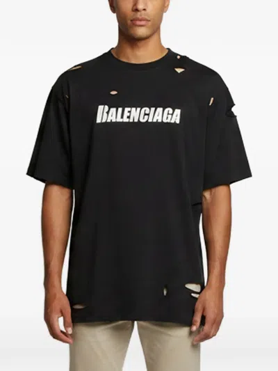 Pre-owned Balenciaga Distressed Logo-print T-shirt In Black