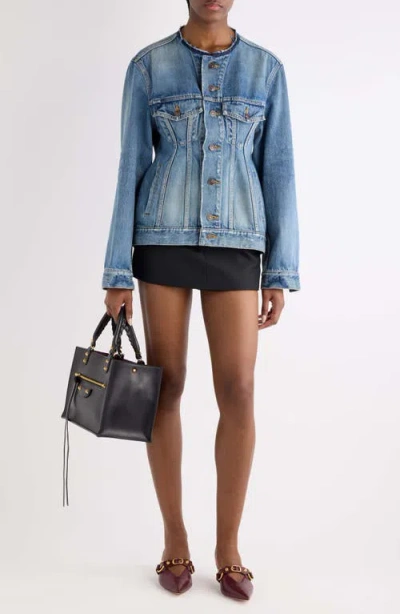 Balenciaga Distressed Organic Cotton Japanese Denim Hourglass Jacket In Blue
