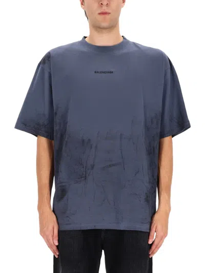 Balenciaga Distressed Oversized Short Sleeve T-shirt In Blue