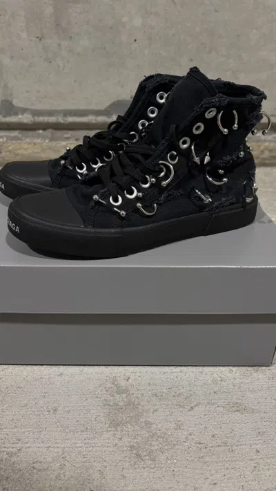 Pre-owned Balenciaga Distressed Pierced Paris Sneaker In Black