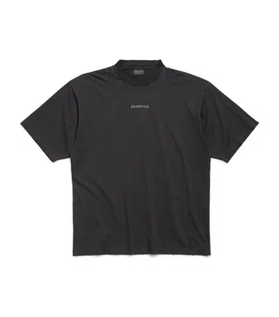 Balenciaga Distressed Rhinestone-logo T-shirt In Black