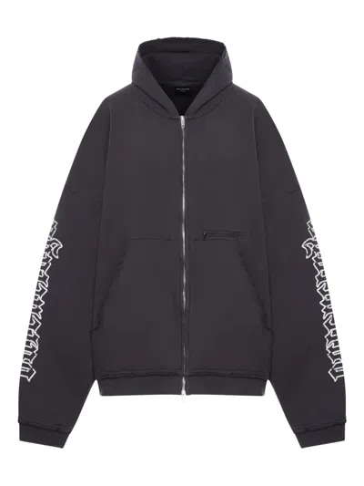 Balenciaga Distressed Oversize Logo Sleeve Full Zip Hoodie In Black