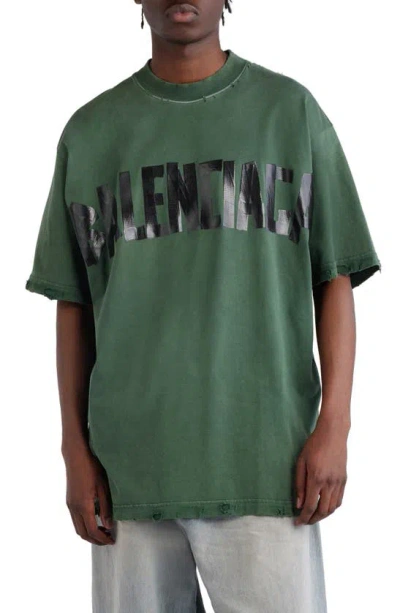 BALENCIAGA DISTRESSED TAPE LOGO COTTON T-SHIRT