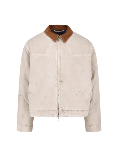 Balenciaga Distressed Zip Front Jacket With Corduroy Collar In Neutral