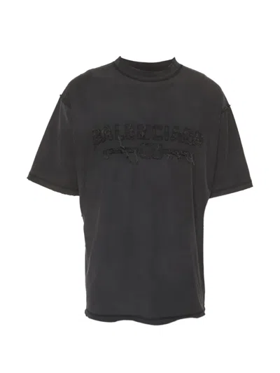 Pre-owned Balenciaga Distressed-logo T-shirt In Black
