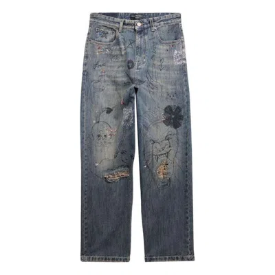 Balenciaga Doodle-print Straight Denim Pants 'blue' In Gray