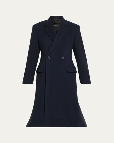 Balenciaga Double-breasted Godet Midi Overcoat In Blue