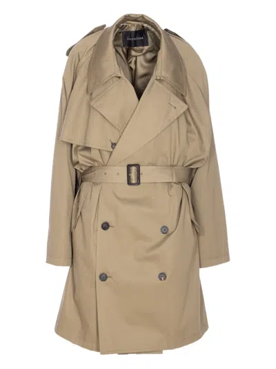 Balenciaga Draped-neck Double-breasted Trench Coat In Brown