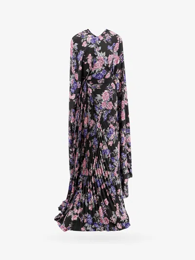 Balenciaga Cape-effect Floral-print Plissé-crepe Gown In Black