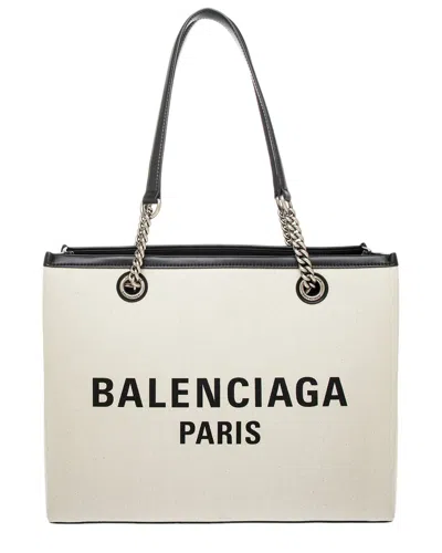 Balenciaga Small Duty-free Canvas Tote With Leather Accents And Chain-link Handles In Neutrals