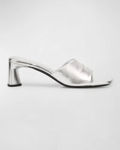 Balenciaga Duty Free Metallic Logo Mule Sandals In Silver