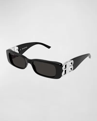 Balenciaga Embellished Bb Acetate Rectangle Sunglasses In Black