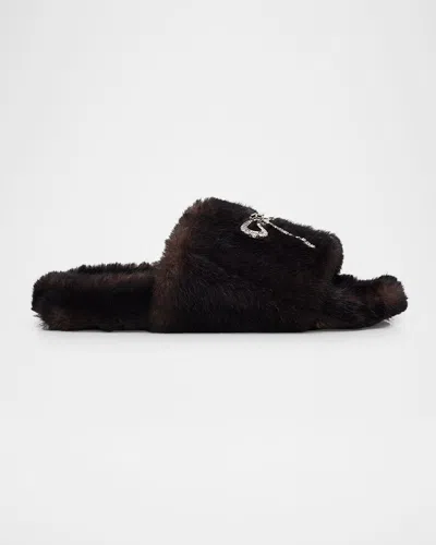 Balenciaga Embellished Bow Faux Fur Slide Sandals In Brown