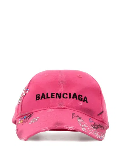 Balenciaga Embellished Canvas Baseball Cap In Pink