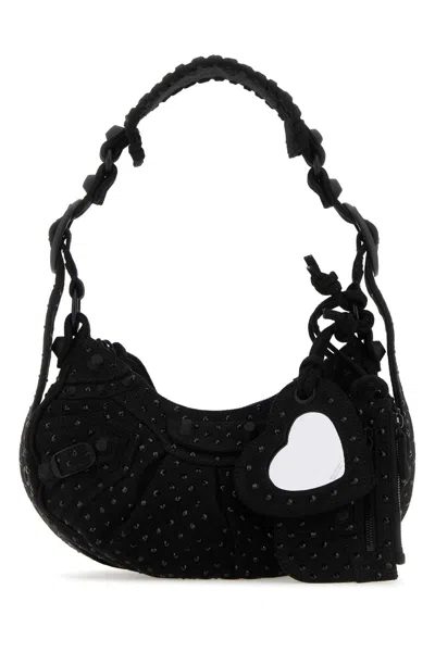 Balenciaga Embellished Denim Le Cagole Xs Shoulder Bag In Black