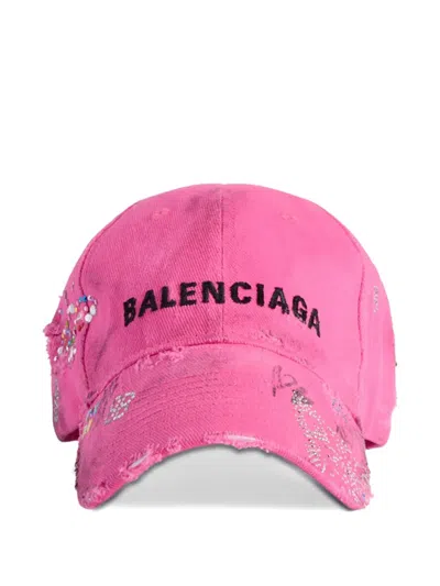 Balenciaga Embellished Distressed-effect Cap In Pink