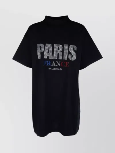 Balenciaga Embellished Graphic Print Mock Neck T-shirt In Black