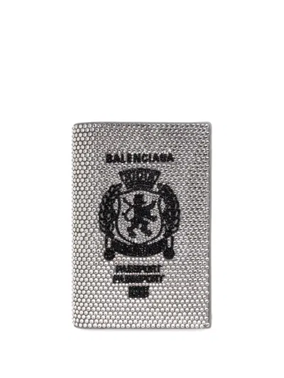 Balenciaga Embellished Passport Calfskin Cardholder In Silver