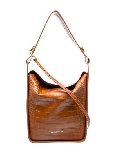 Pre-owned Balenciaga Embossed Leather Croc-embossed Tool 2.0 Small North-south Small In Brown