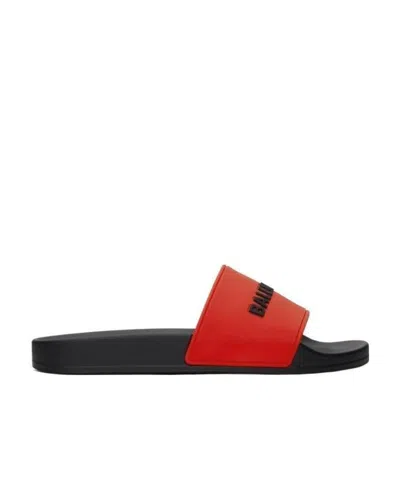 Balenciaga Embossed Logo Flip-flops In Red