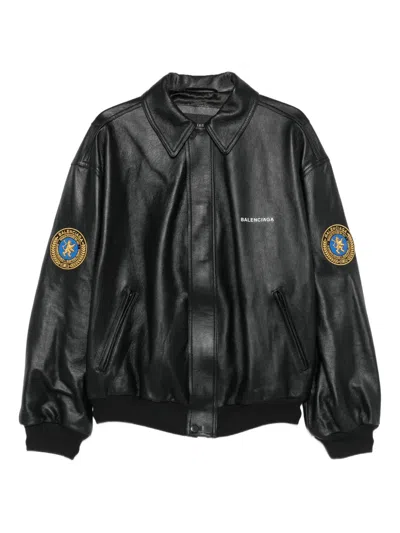 Balenciaga Embroidered-badge Lambskin Bomber Jacket In Black
