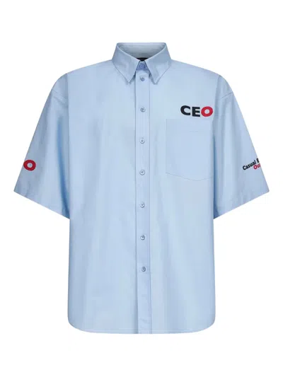 Balenciaga Embroidered Logo Poplin Shirt In Blue
