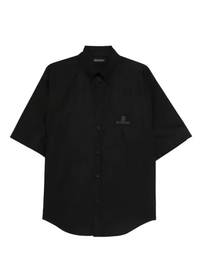 Balenciaga Embroidered-logo Short-sleeve Shirt In Black