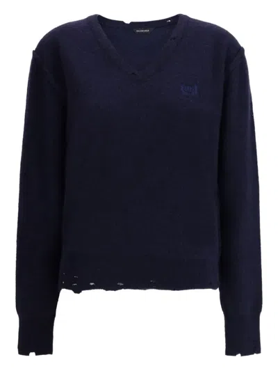 Balenciaga Embroidered-logo Sweater In Blue