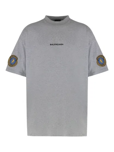 Balenciaga Embroidered-sleeve Crew-neck T-shirt In Gray
