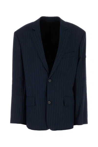 Balenciaga Wool Blazer With Embroidered Pinstripe Pattern In Blue