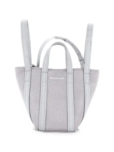 Pre-owned Balenciaga Everyday 2.0 North South Tote Glitter Fabric Xs Satchel In Silver