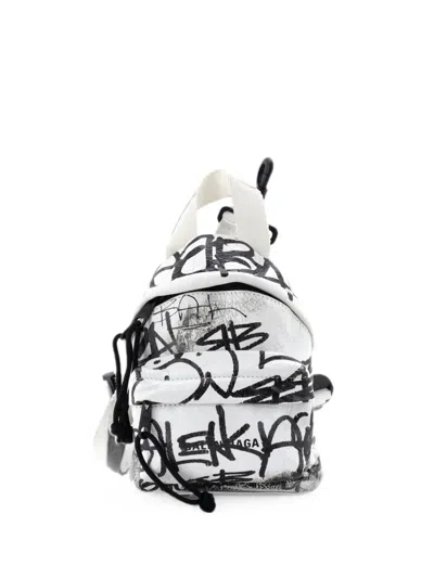 Pre-owned Balenciaga Explorer Graffiti Leather Mini Backpack In White