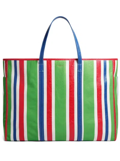Balenciaga Chatelet Logo-print Striped Leather Tote Bag In Neutral