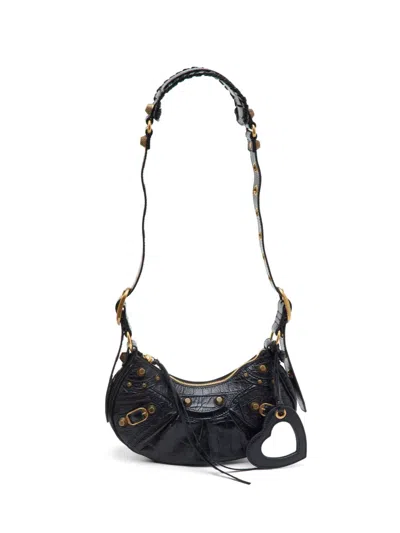 Pre-owned Balenciaga Extra Small Le Cagole Croc-embossed Shoulder Bag In Black
