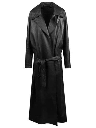 Balenciaga Extra-long Leather Trench Jacket With Lapels And Belted Waist In Black