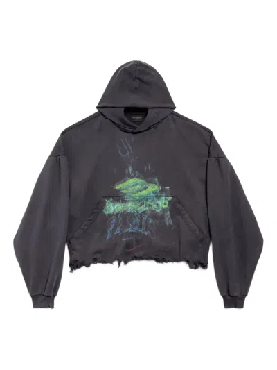 Balenciaga Faded-print Frayed-hem Hoodie In Black