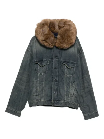 Balenciaga Faux Fur-collar Denim Jacket In Blue