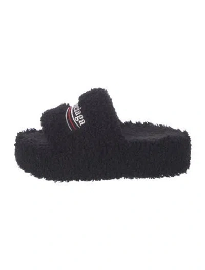 Pre-owned Balenciaga Faux Fur Embroidered Accent Slides In Black