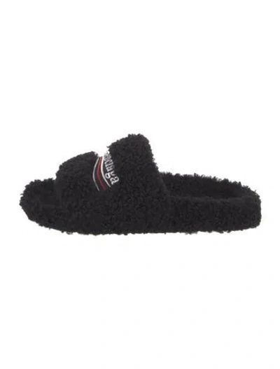 Pre-owned Balenciaga Faux Fur Embroidered Accent Slides In Black