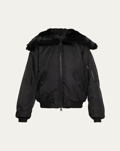 Balenciaga Faux Fur Hooded Bomber Jacket In Black