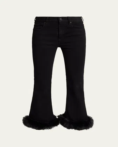 Balenciaga Faux-fur Trim Denim Kickflare Capri Pants In Black