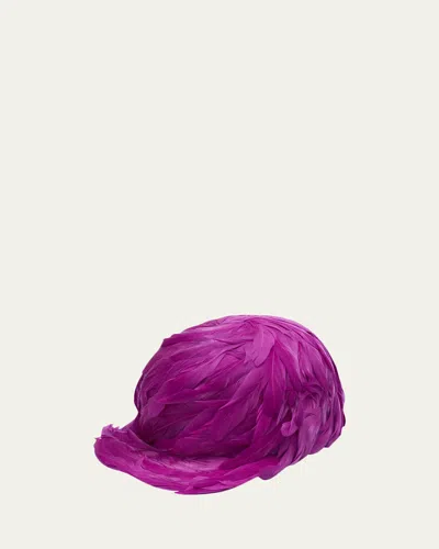 Balenciaga Feather Trim Satin Baseball Hat In Purple