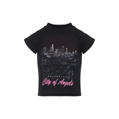 Balenciaga Fitted Black Cotton Blend T-shirt With Vibrant Skyline Graphic
