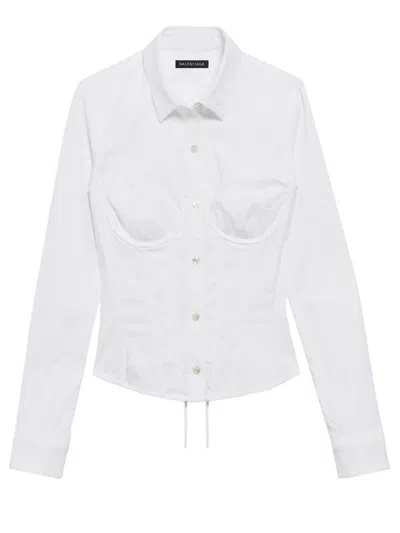 Balenciaga Fitted Button-front Long Sleeve Shirt With Drawstring Hem In White